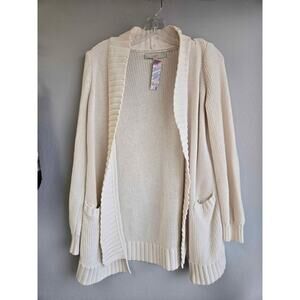 Loft 100% Cotton Chunky Knit Hooded Open Cardigan Sweater - Cream/Ivory - Small